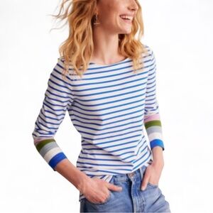 Boden Ella Long Sleeve Breton top blue white stripe multicolored cuffs size 6 M
